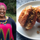 Chef Zola Nene (left) and her amagwinya with curried mince (right)